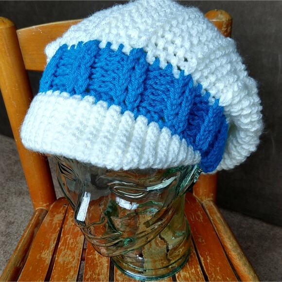 White Slouchy Hat with a Brim blue band crochet handmade OSFM ready to ship main image 8